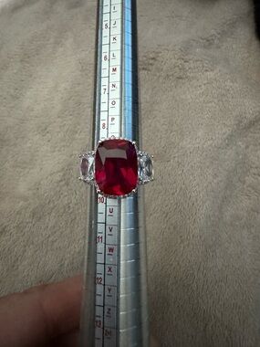 Sterling Silver Classic Red Cushion-Cut Cocktail Ring with Clear Side Stones